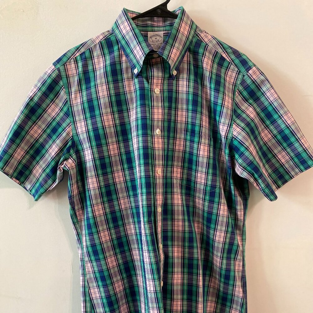Brooks Brothers Mens Size Medium Multi Color Plaid Short Sleeve Button Down Shir